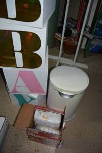 lot 119 image: Wooden Blocks with B-A-B-Y letters, Diaper Genie and partial box of Diapers size 5