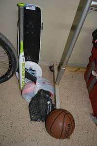 lot 112 image: Sports Lot Skateboard, Basketball, Baseball Bat and Glove, Kites, Frisbee