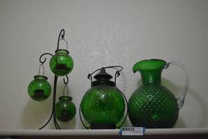 lot 189 image: Home Dcor Green Glass Vase, Lantern and Candle Holder