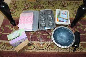 lot 25 image: Baking Lot Cake Plate, Baking Pans, Cake Pop Molds, Mixing Bowls and 3-D Bunny Pan