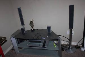 lot 155 image: Sony Surround Sound System and Polygon shaped Stand with Glass Shelves