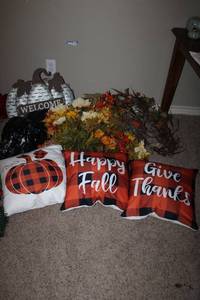 lot 168 image: Fall Pillows, Flowers and Metal Pumpkin
