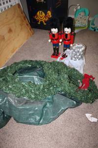 lot 151 image: 3 Christmas Wreathes two lighted, 20 in tall Nutcracker Figurines and Silver Ball Decorations