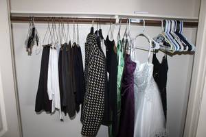 lot 172 image: Womens Clothes Dress SlacksPants, Jackets (Size 14 and L), and Dresses (White Dress by Priscina Juliet still has tags Size XS), see pictures
