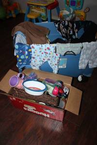 lot 181 image: Baby Clothes, Sippy Cups and Dishes (Blue Tub not included)
