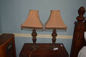 lot 76 image: Pair of Table Lamps with Beaded Fringe Lampshades