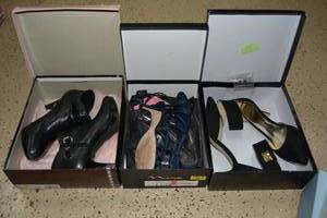 lot 118 image: Womens Shoes Size 8.5 Bandolino Short Boot, Nicole Miller Black Heels with Ankle Strap, Nina Navy Sandals