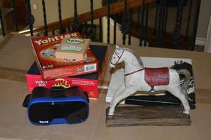 lot 198 image: Phone VR Googles, Board Games, Wooden Horse Figurine, and Rod Stewart CD Storyteller Collection