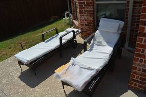 lot 206 image: Pair of Patio Loungers by PatioJoy with Rollers and Adjustable Back, new cushions needed