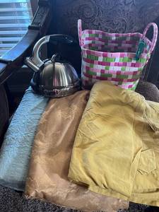 lot 217 image: One Final Lot - 3 Tablecloths, Basket, and Tea Kettle