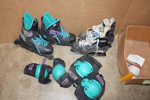 lot 9 image: Ice Skates(size 9) and Roller Blades(size 10) with Knee pads