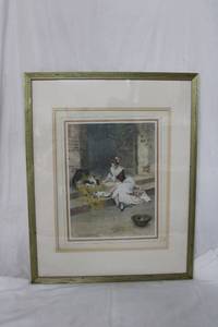 lot 92 image: Framed Lady Feeding Cats Wall Art, 24W x 30Tall, signed print