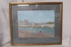 lot 95 image: Framed Lithograph Print of Girls on the Beach, 34W x 28.5Tall