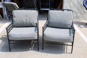 lot 74 image: Pair of Hampton Bay Outdoor Chairs with Black Metal Frame
