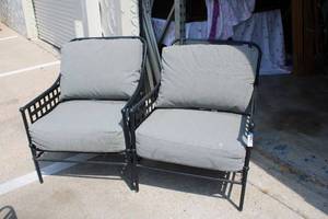 lot 75 image: Pair of Hampton Bay Outdoor Chairs with Black Metal Frame
