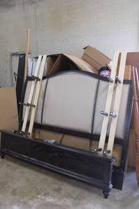 lot 77 image: California King Size Bed Frame with Cushioned Headboard, Dark Walnut Color