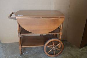 lot 60 image: Vintage Wooden Rolling Cart, 30L x 37.5W extended x 28Tall
