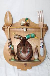 lot 128 image: Duck Themed Kitchen Set OilVinegar Bottle, Salt and Pepper, Funnel Spout, Spoon and Fork