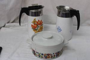 lot 148 image: Vintage Corning Ware Coffee Makers and Lidded Stoneware Dish