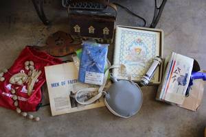lot 156 image: Misc. Lot Baby Book, Catholic Beads, Air America Inflater and 12 volt Charger and More