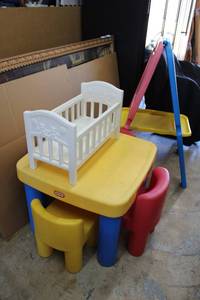 lot 173 image: Kids Lot Little Tikes Table and Chairs, Crayola Easel - whiteboardchalkboard, and Doll Bed
