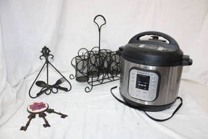 lot 178 image: Kitchen Lot Instant Pot (Looks New), SilverwareNapkin Organizer, Recipe Book Stand, and Key Rack