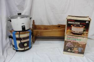 lot 179 image: Vintage Crock Pots, Ice Cream Maker, and Wood Doll Rocker