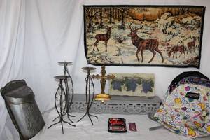 lot 184 image: Misc. Home Decor Deer Tapestry, Metal Postal Box, Wire Candle Holders and More