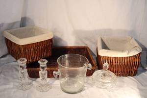 lot 187 image: Baskets, Lead Crystal Candy Dish, Ice Bucket, Cut Glass Taper Candle Holders