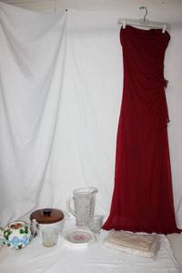 lot 196 image: Red Sleeveless Dress, Linens, Cut Glass Pitcher, Vintage Fire King Lidded Casserole Dish