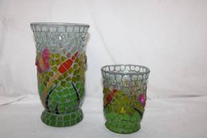 lot 201 image: Two Green Mosaic Vases with Butterfly Design