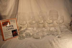 lot 202 image: Mixed Drinks Books, Large Wine Glasses, Test Tube Shot Glasses, and Vase