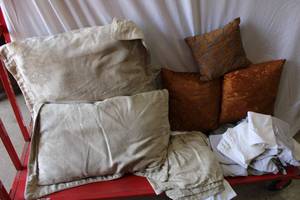 lot 43 image: Bed Linens and Pillow Set - Skirt, sheets, pillow cases, shams and throw pillows