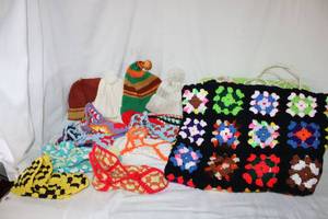 lot 52 image: Crocheted Blanket, Slippers and hats Plus Green Electric Blanket