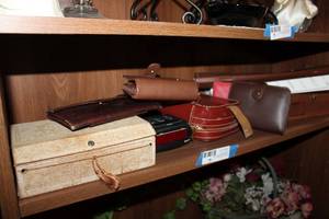 lot 73 image: Vintage Boxes, Cigar Box, Ties and Tie Case, Travel Case, and Wallets, see pictures