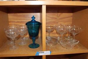 lot 77 image: Champagne Glass Sets, Blue Glass Lidded Goblet with Eagle, and Pair of Snack Dishes