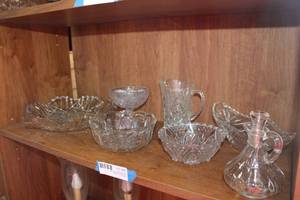 lot 80 image: Cut Glass Relish Dish, Oil Decanter, Small Pitcher and Bowls