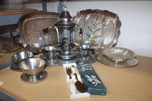lot 84 image: Silver Plated Serving Pieces, and Wooden Spoon and Fork with Ceramic Handles