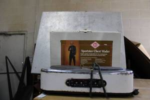lot 88 image: Fishing Lot 2-Burner Hot Plate, Sportster Chest Waders (Size 8), Folding Table, Fishing Poles, see pictures