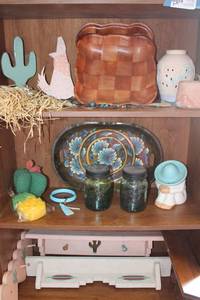 lot 99 image: Southwestern Themed Lot 4 Wooden Shelves, Ceramic and Wooden Dcor, Pair of Glass Jars with Solar Lids and Interior Mini Lights
