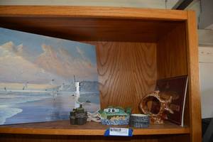 lot 154 image: Fish and Seaside Themed Lot Ceramic Fish Votive Holder, August Holland Print, Fish Dice Calendar