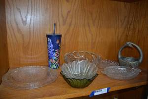 lot 155 image: Cake Plate, Glass Bowls and Relish Dishes Plus Reusable Drink Holder