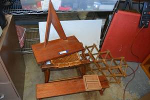 lot 158 image: Wooden Basket Style Stool, Accordion style Wine Rack, Wooden Shelves