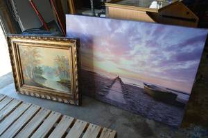lot 160 image: Landscape Painting and Stretched Canvas Sea Print