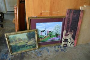 lot 161 image: Framed Wedding Chapel Print, Guitar Canvas Print, and Vintage River Print