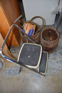 lot 166 image: 2-Step Step Stool, Vintage Small Whiskey Barrels with nails and tools