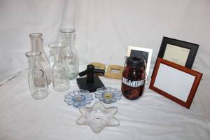 lot 104 image: Home Dcor Mason Jar Lantern, WaterWine Carafes, Photo Frames and Votive Candle Holders