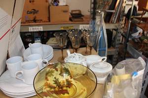 lot 110 image: White Dishes, Set of 5 Goblets, Cream and Sugar Set and more