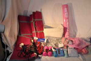 lot 129 image: Exercise and Beauty Supply Lot Weights, Fitness Mat, Canvas Storage Bins, Curling Irons and more