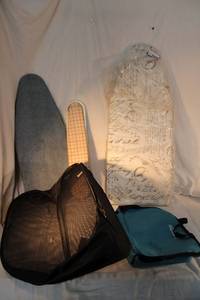 lot 128 image: Small Ironing Boards, Casserole Dish Carrier, and Laundry Bin